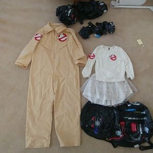 Sibling Ghost busters costumes with blow up proton